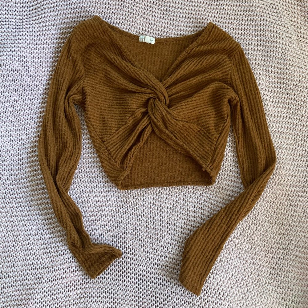 soft brown waffle crop twist front long sleeve top